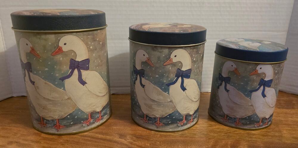 Vintage 80s Country Goose Nesting Tin Canister Set of 3 Blue Bow Geese